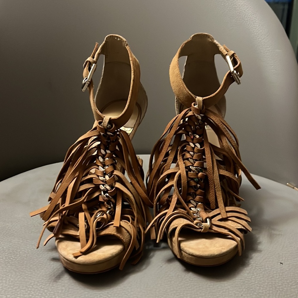 Marciano Brown Fringe Heeled Sandals